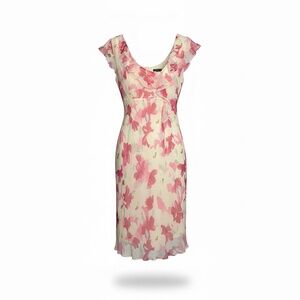 Y2k Robbie Bee 100% Silk pink floral midi dress with ruffles at Top Sz 8